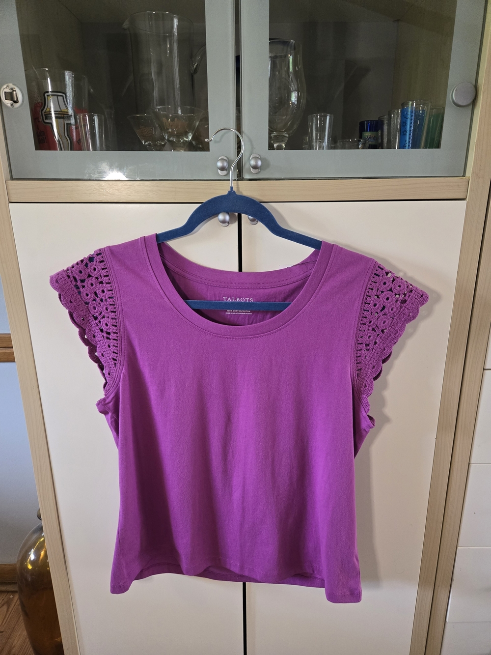 Talbots Purple Crochet Sleeve Cotton Top